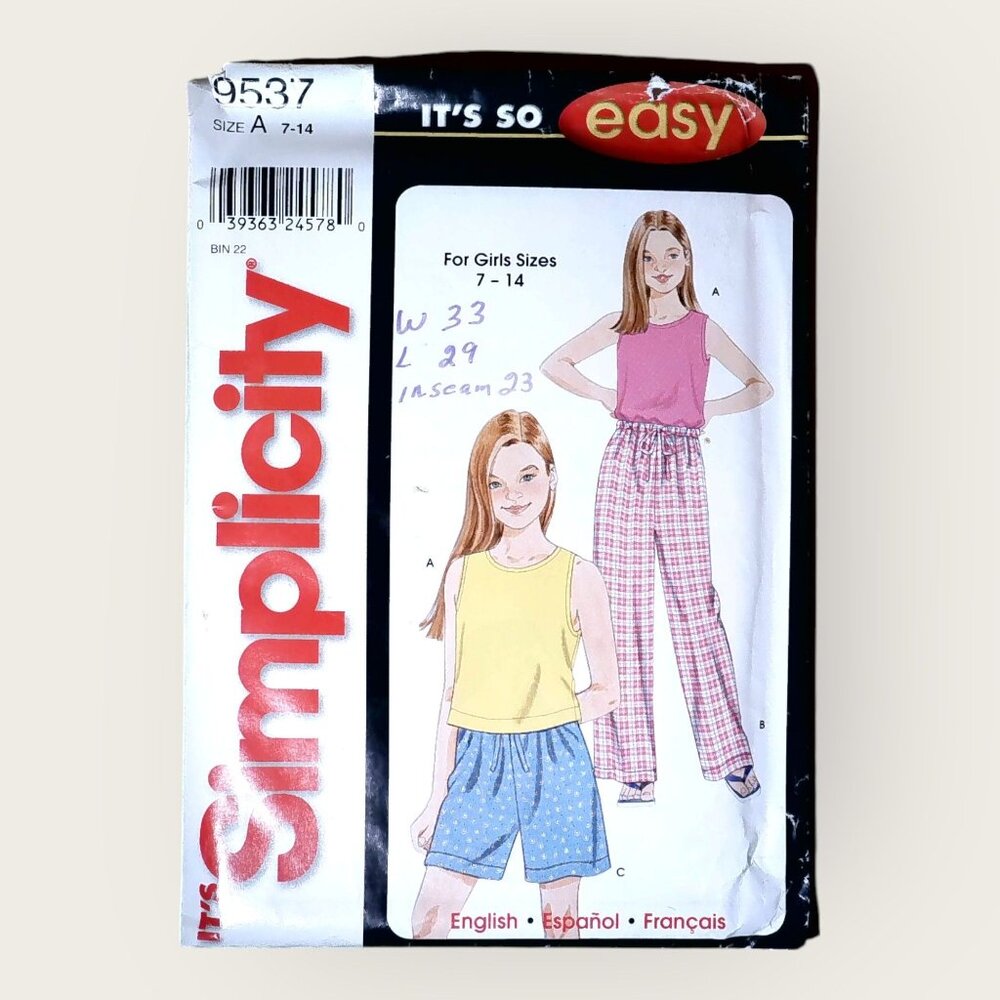 Vintage Simplicity Sewing Pattern 9537 Girls Pajamas Pants Shorts Top Size 7-14